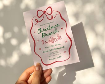 Pink Christmas Brunch Invitation Template, Hand Drawn Brunch Invite, Whimsical Family Christmas, Friendsmas Invitation, Vintage Christmas