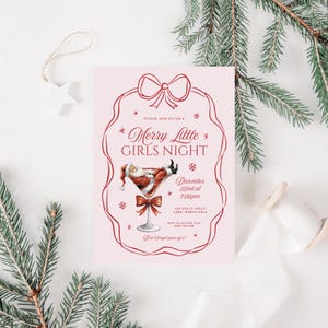 Pink Christmas PJ Party Invitation Template, Merry Little Girls Night, Friendsmas Christmas Pajama Party, Girls Night Invitation Canva DIY