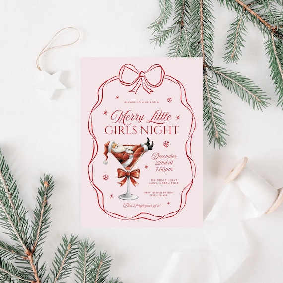 Pink Christmas PJ Party Invitation Template, Merry Little Girls Night, Friendsmas Christmas Pajama Party, Girls Night Invitation Canva DIY