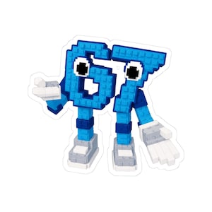 May include: A blue pixelated character shaped like the number 67, featuring a grid-like texture, large white eyes with black pupils, white blocky hands, and light grey trainers. The figure has articulated limbs and a blocky, digital aesthetic.
