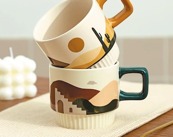 11oz Ceramic Coffee Mug with Unique Nordic Design Printed Decorative Cup, Scandinavian design, set of 2