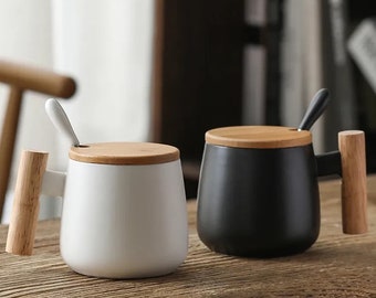 13oz Ceramic Coffee Mug, Nordic Style, Matte White, Black, with Wooden Handle Lid Spoon, Scandinavian design