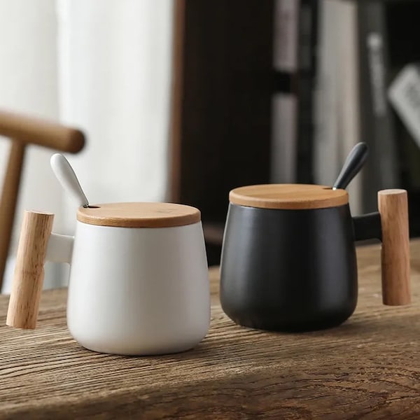 Tasse à café en céramique de 13 oz, style nordique, blanc mat, noir, avec cuillère à couvercle avec manche en bois, design scandinave