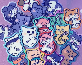 J J K Dog and Cat Stickers | Cute 2 Inch Colored Border Sticker | Kawaii Chibi Anime Animal JJ-Kitties Puppy Characters