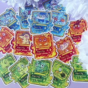Poke Crisis Card Starter Stickers | Cute Silly | Trading Card Style | Grass Fire Water P K M | Generation 1-5 Pocket Animals