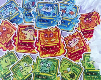 Poke Crisis Card Starter Stickers | Cute Silly | Trading Card Style | Grass Fire Water P K M | Generation 1-5 Pocket Animals