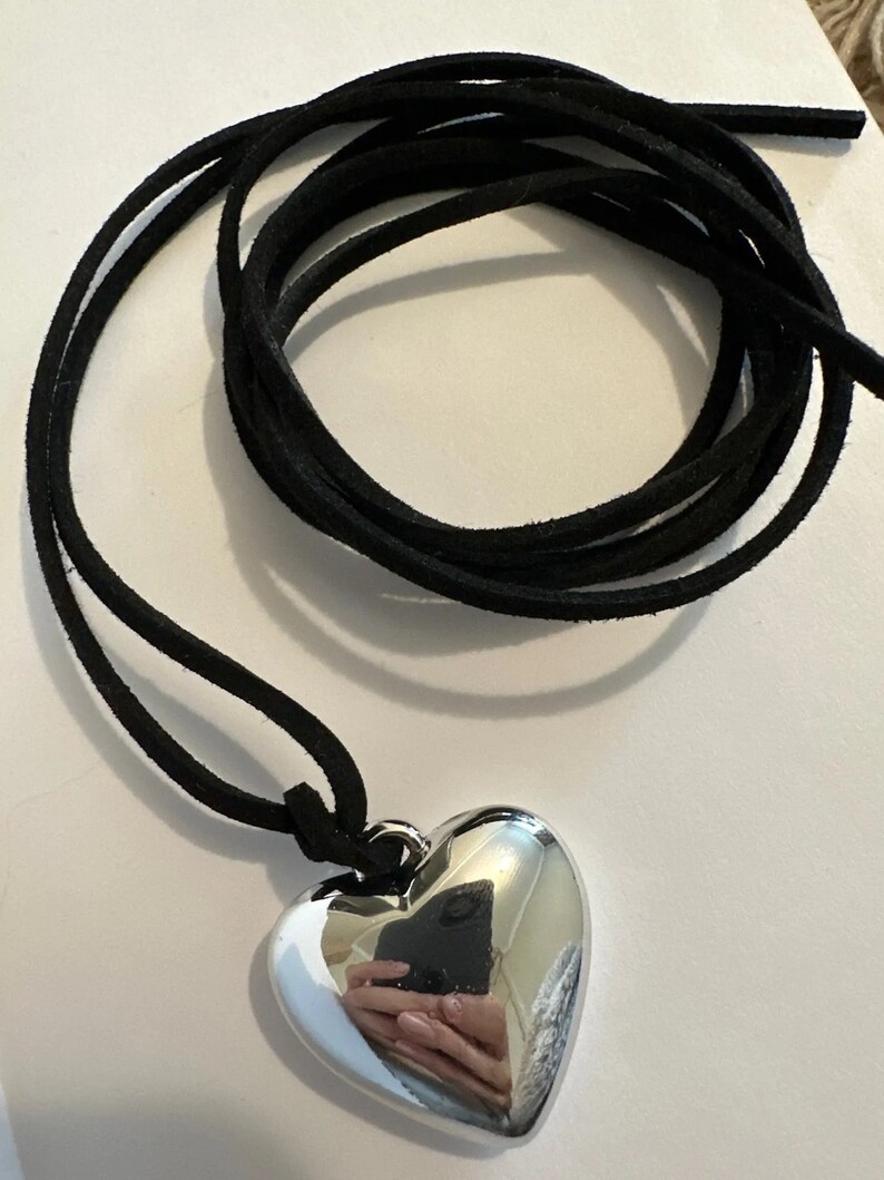 Ribbon Puffed Heart Pendant Necklace Cord Heart Necklace Etsy