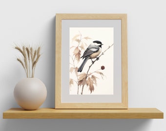 May include: A framed watercolor painting of a black-capped chickadee perched on a branch with brown leaves. The bird is facing to the right and has a white breast and black cap. The background is white.