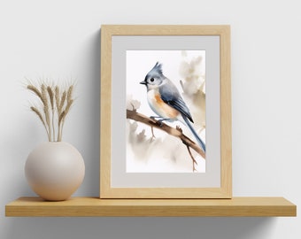 May include: A watercolor painting of a blue and orange bird perched on a branch. The bird is surrounded by a light brown background with white accents.