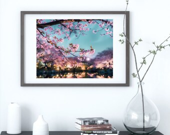 Impresión de cerezo japonés con flores de sakura rosas: arte paisajístico japonés tranquilo y relajante para una decoración rosa del hogar.