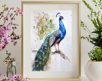 Impressão de pássaro em aquarela de pavão indiano, arte inspirada na natureza, presente para amantes de pássaros, arte da natureza para decoração de casa