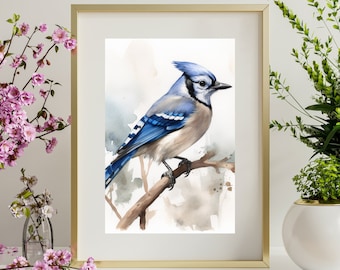 May include: A watercolor painting of a blue jay perched on a branch. The bird has a blue crest, white chest, and black markings on its wings. The background is a soft watercolor wash of brown and blue.