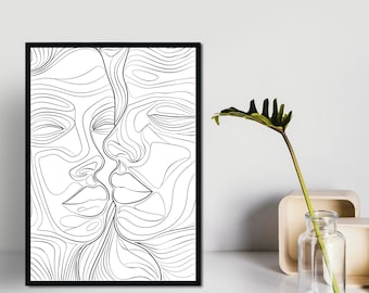Continuous Line Couple Face Art Intertwined Sleek Modern Artwork Elegant Wall Decor Minimalist Illustration Contemporary Home Decor