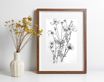 Wildflower Drawing Minimalist Botanical Art Simple Line Art Nature-Inspired Wall Art for Home Decor Gift for Plant Lover Black and White Art