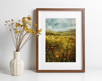 野の花のフィールド 花の油絵プリント 田舎の壁アート ヴィンテージ 野の花の絵画 自然愛好家へのギフト 素朴な風景アート