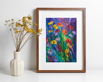 Abstracte wilde bloemenschildering Kleurrijk bloemkunstwerk in levendige, gedurfde kleuren Op de natuur geïnspireerde botanische print voor modern interieur