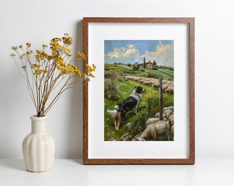 Border Collie Druck Geschenk für Hundeliebhaber Hund Malerei für Tierliebhaber Geschenk Landschaft Wandkunst für Bauernhof Haus Dekor Schaf Malerei