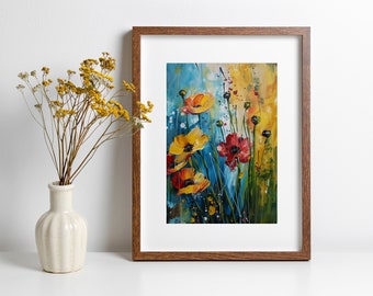 Abstracte wilde bloemenschildering Kleurrijk bloemkunstwerk in levendige, gedurfde kleuren Op de natuur geïnspireerde botanische print voor modern interieur