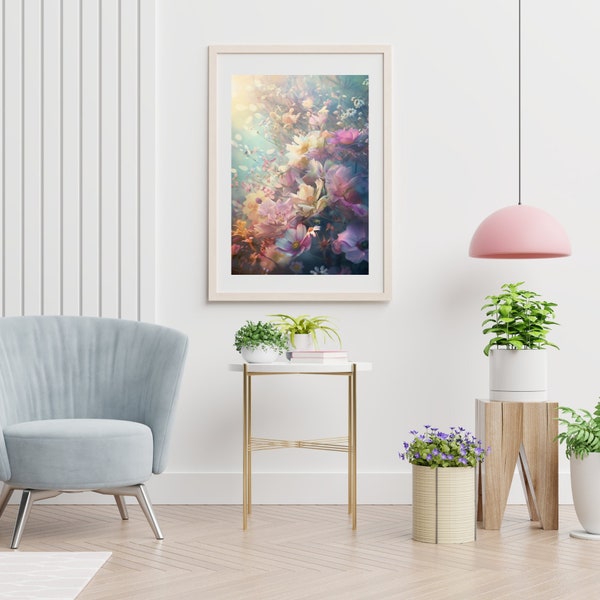 Floral Fantasy, Dreamscape, Whimsical Flowers, Wildflowers, Ethereal Lighting, Pastel Colors, Enchanted Garden Art, Soft Tones