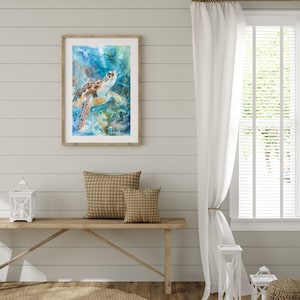 Sea Turtle Artwork for Coastal Decor Ocean Watercolor Painting Underwater Wall Art for Beach House Decor Marine Life Painting