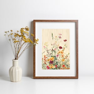 Dibujo de flores silvestres vintage, ilustración floral, estampado de flores colorido, regalo para amantes de las flores, obra de arte floral para sala de estar, regalo para amantes de las plantas