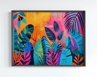 May include: A framed abstract art print featuring a vibrant tropical scene. The artwork showcases colorful stylized leaves in shades of blue, pink, orange, and purple against a bright yellow and pink background. The frame is dark brown.