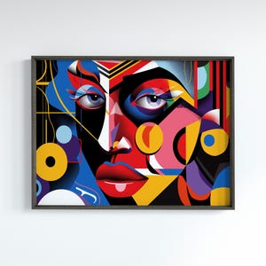 Abstract Face Art of Female Portrait Pose in Vibrant Colors Bold Design and Geometric Shapes Maximalist Artwork for Modernist Home Decor