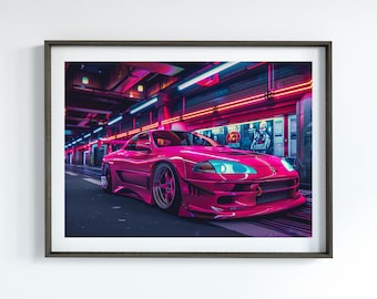 May include: A bright pink sports car with black accents and large headlights is parked in a neon-lit alleyway. The car has a black spoiler and a black rear diffuser. The car is parked in front of a building with a sign that says "7-11".