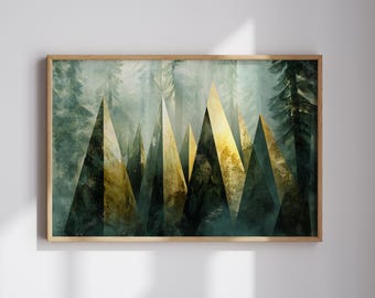 Arte abstracto de bosque para la decoración del hogar con motivos naturales Arte de bosque de pinos Regalo para amantes de la naturaleza Arte verde y dorado para la sala de estar Decoración moderna del hogar