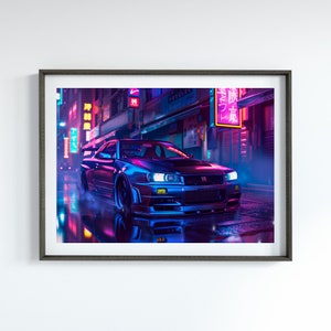 Póster de Nissan Skyline GTR R34 JDM Legends, estilo ciberpunk, arte de garaje, regalo de deportes de motor para entusiastas de los automóviles, póster de automóviles clásicos, regalo para amantes de los automóviles