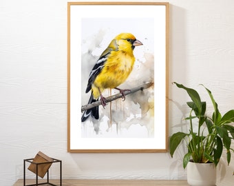 May include: A watercolor painting of a yellow bird with black wings perched on a branch. The bird is surrounded by a watercolor background with splashes of color.