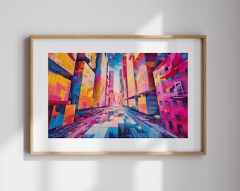 City Skyline Art Urban Abstract Art for Living Room Maximalist Artwork Colorful Abstract Art for Modern Home Decor Urban Art for City Decor