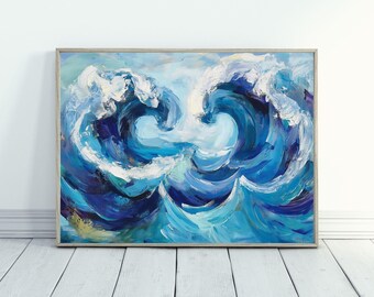 May include: Abstract painting of two large blue waves crashing against each other. The waves are painted in shades of blue, white, and green. The painting is framed in a simple, light wood frame.