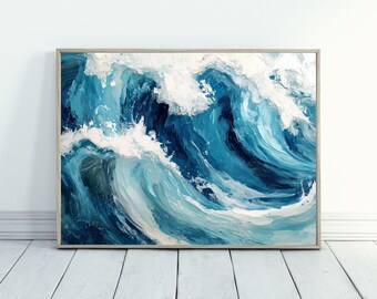 May include: Abstract ocean wave painting in shades of blue and white. The artwork features textured brushstrokes, creating a dynamic and energetic depiction of a breaking wave. The painting is framed in a light-colored wooden frame.