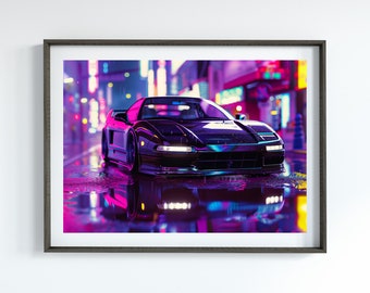 May include: A black sports car with a purple and blue neon reflection in a wet city street. The car is driving through a city at night.