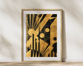Obra de arte Art Déco de la era del jazz para la decoración del Gran Gatsby. Póster en negro y dorado. Impresión geométrica audaz con formas geométricas para una elegante decoración del hogar.