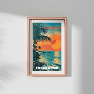 Karibik Insel Antik Reise Poster Geschenk für Reisende Vintage Fluglinie Poster Tropisches Paradies Sonnenuntergang Kunst Malerisches Kunstwerk für Naturliebhaber