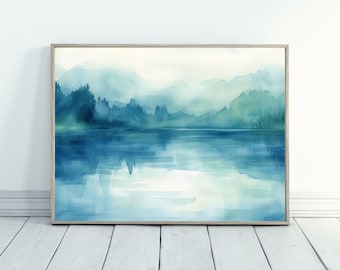 Aquarell Landschaft Malerei Druck Friedliche Natur Kunst Geschenk für Naturliebhaber Grüne und Blaue Grafik für Wohnzimmer Minimalist Wohnkultur
