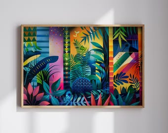 Abstract Jungle Art Gift for Nature Lover Colorful Abstract Print Bold Geometric Art Tropical Jungle Art for Maximalist Home Decor