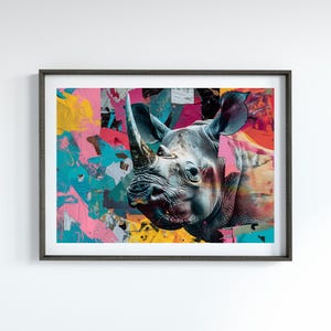 Rhino Artwork Abstract Animal Mixed Media Art in Vibrant Colors and Textured Layers Maximalist Artwork for Modernist Home Decor