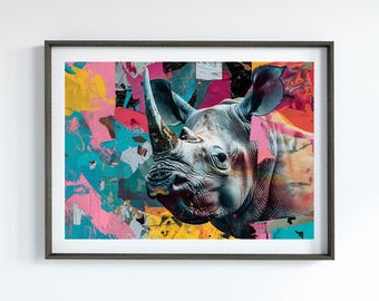 Rhino Artwork Abstract Animal Mixed Media Art in Vibrant Colors and Textured Layers Maximalist Artwork for Modernist Home Decor