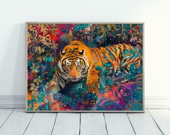 Tigerkonsttryck Djungeldjurskonstverk Livfulla färger Botanisk illustration av skogslövverk Eklektisk Maximalistisk dekor för naturälskare