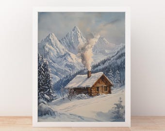 Puede incluir: Una pintura de acuarela de una pequeña cabaña de madera con un techo nevado en un paisaje de montaña invernal. El humo sale de la chimenea de la cabaña, que está ubicada en un valle rodeado de montañas cubiertas de nieve.