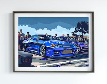 日産R33スカイラインGT-Rポスター、クラシックJDMスーパーカーアート