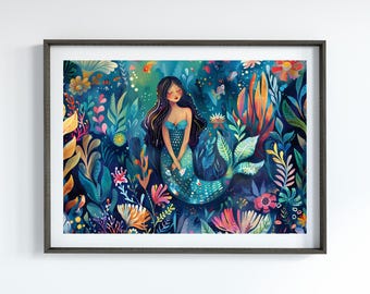 Boho sjöjungfru väggdekor sjöjungfruposter tryck eklektisk maximalistisk dekor sjöjungfru väggkonst under havet väggkonst present till tonåringar