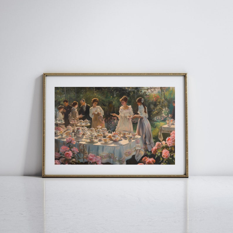 May include: A painting of a group of people gathered around a table outdoors, enjoying a tea party. The table is set with a white tablecloth and a variety of teacups, saucers, and teapots. There are pink roses in the foreground and a lush green garden in the background.