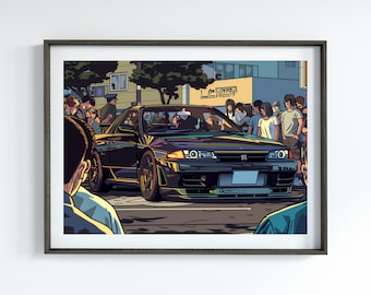 Może przedstawiać: Czarny samochód sportowy Nissan Skyline GT-R R33 zaparkowany na ulicy miejskiej, wokół którego stoi tłum ludzi. Samochód ma czarne nadwozie, srebrne koła i duże tylne skrzydło. Samochód jest otoczony przez tłum ludzi, z których niektórzy są ubrani w odzież codzienną, a inni w bardziej formalne stroje.