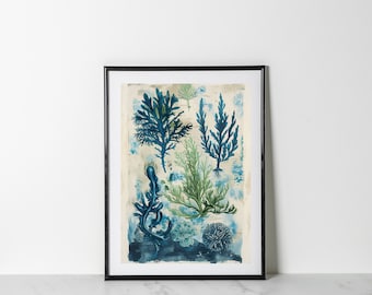 Seaweed Art for Aquatic Home Decor Ocean-Inspired Wall Art for Vintage Ocean Decor Blue and Green Artwork Marine Life Art Ocean Lover Gift