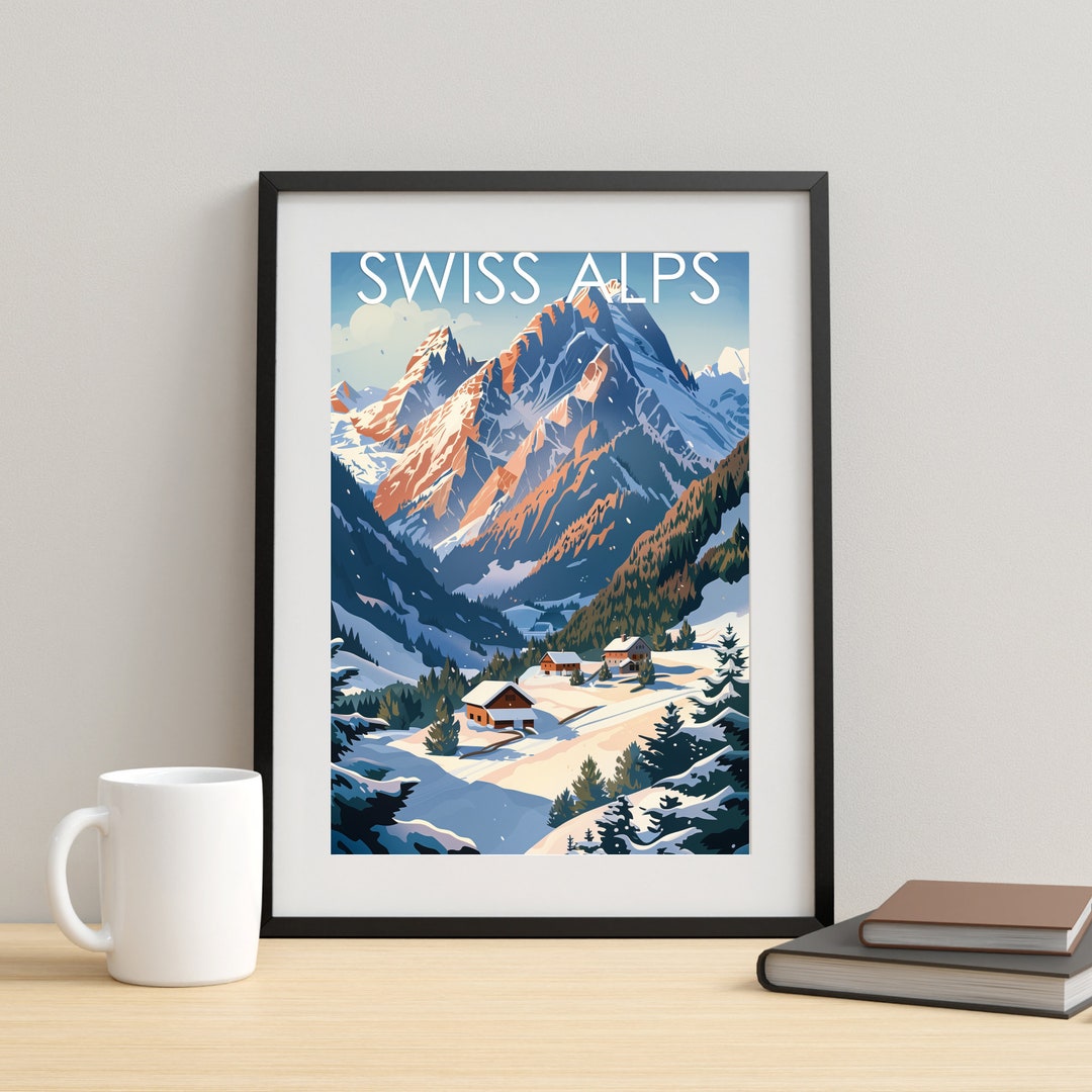 Swiss Alps Art Antique Travel Poster Gift for Traveler Vintage Style ...