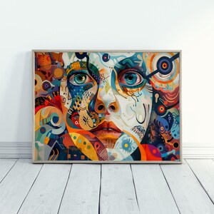 Abstraktes Gesicht Kunst weiblicher Porträt Posen in lebendigen Farben Mutiges künstlerisches Design Maximalistisches Kunstwerk für modernistische Wohnkultur